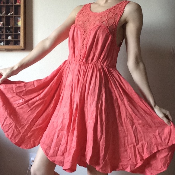 SOLD FILLMORE Free People Salmon Sheen Lace Dress - Picture 1 of 8
